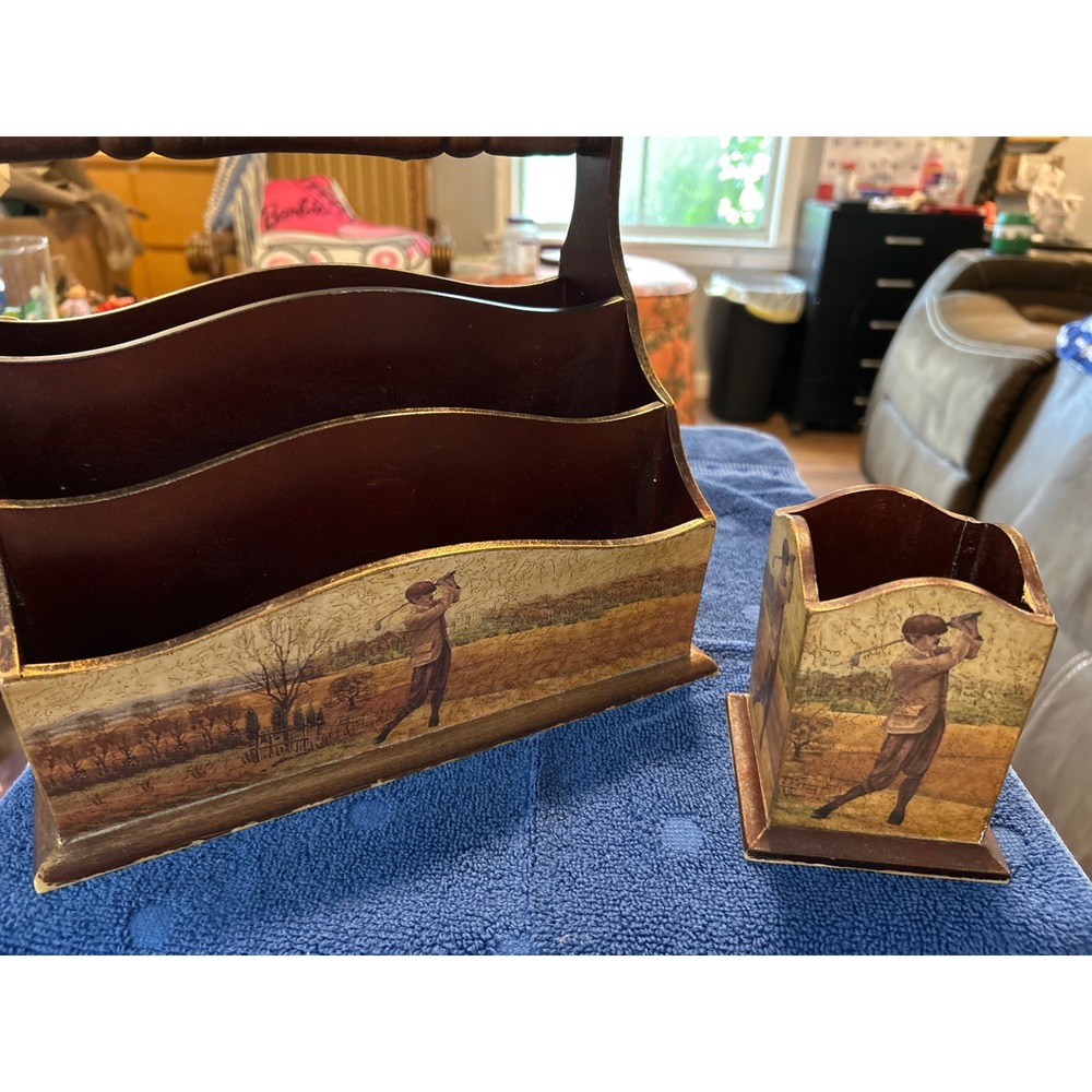 Vintage Wooden Golf Desk Organizer Set Letter Rack and Pencil Cup 2 Piece Decor